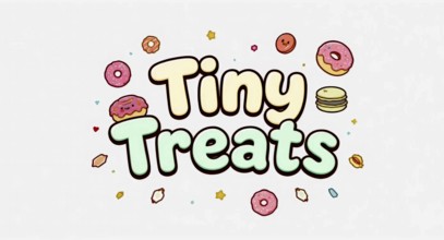 A cute illustration of the words Tiny Treats with various dessert elements scattered around, AI