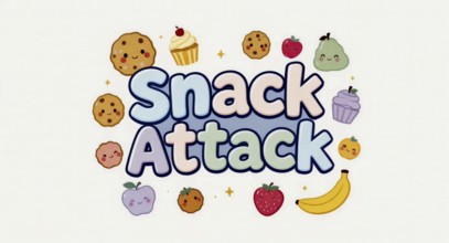 This delightful illustration features a 'Snack Attack' theme, with smiling food icons, AI generated