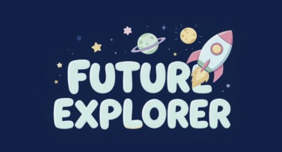A whimsical illustration featuring the words 'Future Explorer' with a rocket ship, planets, stars,