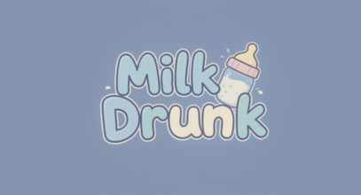 A whimsical cartoon design featuring the words Milk Drunk with a baby bottle illustration on a blue