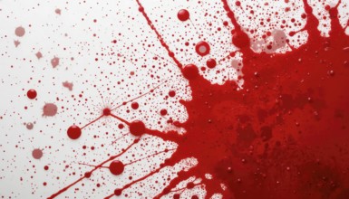 Abstract red paint splatter on white background. Artistic paint drops creating dynamic and