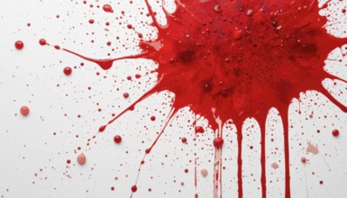 A vibrant red paint splatter, with droplets and streaks, against a clean white background. Dynamic