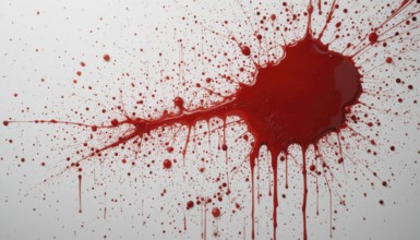 A striking image of a vivid red blood splatter against a clean, white background. The dynamic