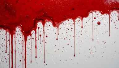 Vivid red paint drips and splatters against a clean white background, creating a striking visual