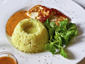 Served on a plate of rice, halloumi, sauce and fresh salad. A vegetarian dish appetisingly prepared