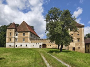 A historic castle with a red roof stands on a green meadow under a blue sky with clouds Styria