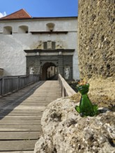 A glass frog sits on a stone in front of a fortress with a wooden bridge and blue sky Riegersburgs