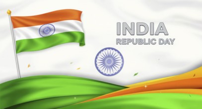 An artistic depiction of India's Republic Day with the Indian flag waving in the wind, featuring