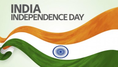 A vibrant illustration of the Indian flag waving with India Independence Day written across the top