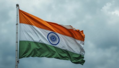 The Indian flag waves proudly against a cloudy sky, symbolizing the nation's independence and