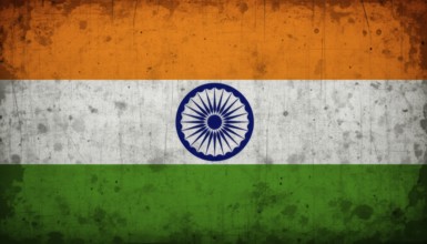 A weathered, vintage-style image of the Indian flag, featuring saffron, white, green stripes and