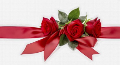 A beautiful image showcasing vibrant red roses with a silky ribbon on a pristine white backdrop,