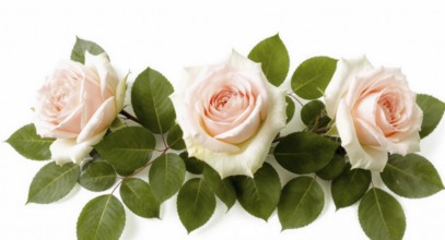 A beautiful floral arrangement featuring three delicate pink roses, accented by vibrant green