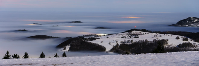 View from the Wasserkuppe in winter, dusk, Hessian Rhön nature park Park, Hesse, Germany