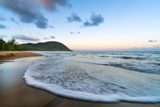 Grande Anse beach, coast and sea at dawn, Deshaies, Basse Terre, Guadeloupe, French Antilles,
