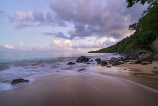 Grande Anse beach, coast and sea at dawn, Deshaies, Basse Terre, Guadeloupe, French Antilles,