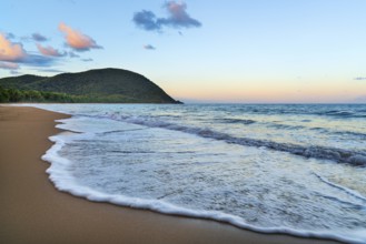 Grande Anse beach, coast and sea at dawn, Deshaies, Basse Terre, Guadeloupe, French Antilles,