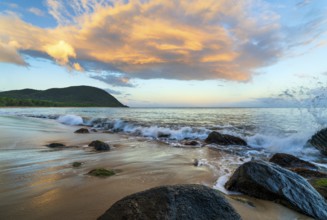 Grande Anse beach, coast and sea at dawn, Deshaies, Basse Terre, Guadeloupe, French Antilles,