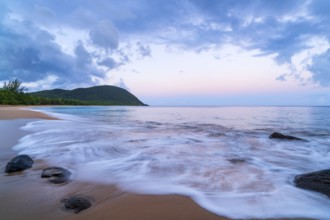 Grande Anse beach, coast and sea at dawn, Deshaies, Basse Terre, Guadeloupe, French Antilles,