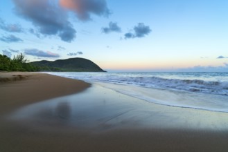Grande Anse beach, coast and sea at dawn, Deshaies, Basse Terre, Guadeloupe, French Antilles,