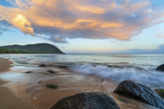 Grande Anse beach, coast and sea at dawn, Deshaies, Basse Terre, Guadeloupe, French Antilles,