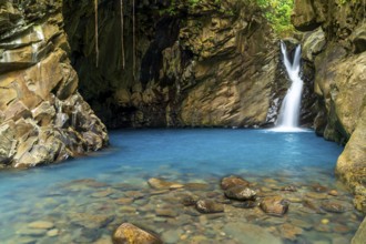 Saut d'eau de Matouba, waterfall with blue water, Saint-Claude, Basse Terre, Guadeloupe, French