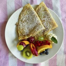 Crepes on a plate with fresh fruit, icing sugar and a decorative fruit garnish Lower Austria