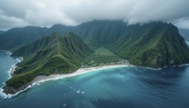 Aerial view of a tropical paradise, showcasing lush green mountains, a pristine beach, and