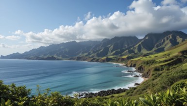 Stunning coastal landscape featuring turquoise waters, lush green mountains, and a clear blue sky