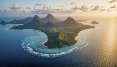 An aerial view captures a tropical island with lush green mountains, turquoise waters, and a