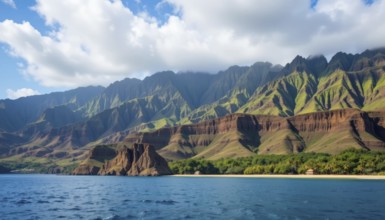 A breathtaking view of a mountain range meeting the sea under a bright blue sky with puffy clouds.