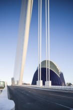 Modern bridge with view of futuristic blue building