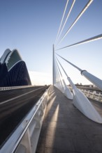 Futuristic bridge in Valencia with slender lines and shadows in the sunlight