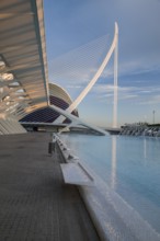 Futuristic architectural design in Valencia next to a water basin under a blue sky City of Arts and