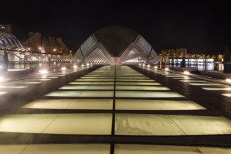 Illuminated modern architecture at night in Valencia with symmetrical design