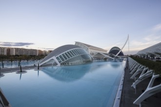Large expanse of water surrounded by modern buildings in Valencia City of Arts and Sciences