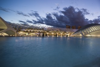 Valencia Spain Dramatic sky over modern building in the water at Evening City of Arts and Sciences