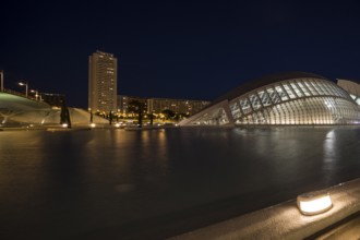 Valencia Spain Urban night landscape in ValÃ¨ncia with reflective structures City of Arts and