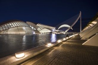 Valencia Spain Illuminated path along a futuristic bridge and buildings at night City of Arts and