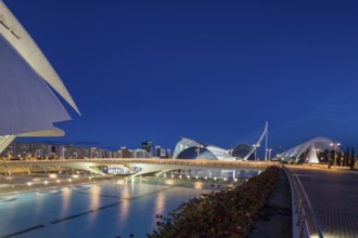 Valencia Spain Modern architecture at night with illuminated bridge under a clear blue sky