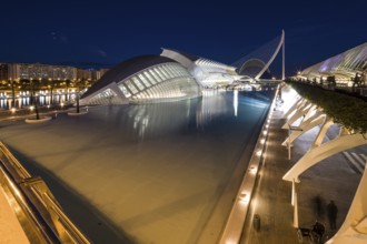 Valencia Spain Elegant modern buildings on the waterfront at night with reflections City of Arts