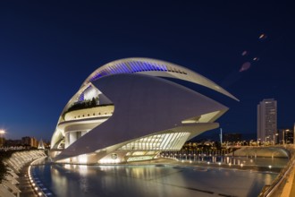 Valencia Spain Futuristic-looking building illuminated at night with dominant blue tones Opera