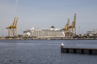 A large cruise ship moored in the harbour next to yellow cranes