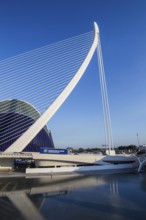 Futuristic bridge with an elegant design against a clear blue sky in Valencia