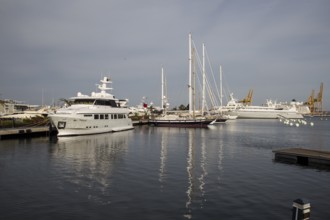 Various yachts and sailing boats are moored in the calm waters of the harbour
