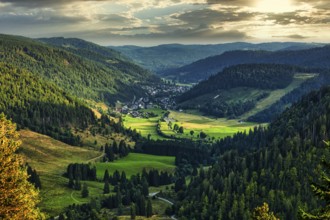Evening atmosphere in the Menzenschwander valley, view of the Hinterdorf, Menzenschwand, Black