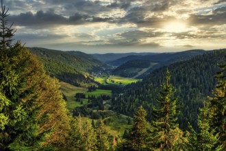 Evening atmosphere in the Menzenschwander valley, view of the Hinterdorf, Menzenschwand, Black