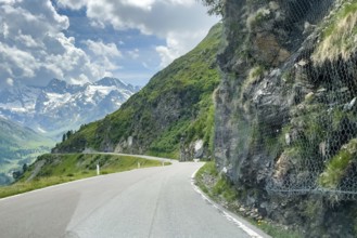 View of alpine road pass road south ramp from to Timmelsjoch Passo del Rombo with right at roadside