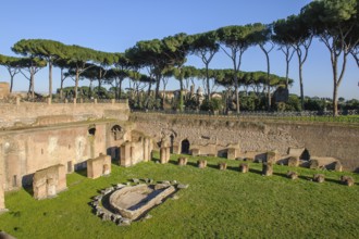 View of part of ancient historical Palatine Stadium Hippodrome on Palatine Hill of Emperor Domitian