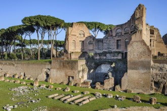 Front view of parts of ancient Palatine stadium Hippodrome with lying column fragments, behind